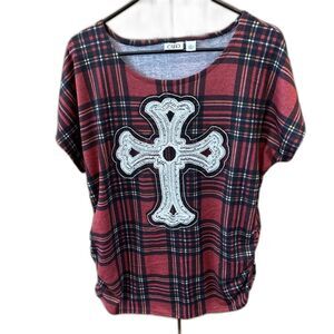 Cato Women Shirt Red Plaid Embroidered Cross Studs Xl Ruched Pullover Stretch